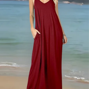 Women Plain Gallus V Neck Split Joint Dress Daily Casual Maxi Slip Dress A-Line Summer Dress, JustFashionNow Dresses, color:Wine Red|size:XXL
