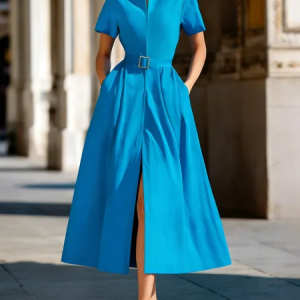 Elegant Plain Stand Collar Midi Dress With Belt, Maxi Dresses, color:Blue|size:XXL, Stylewe