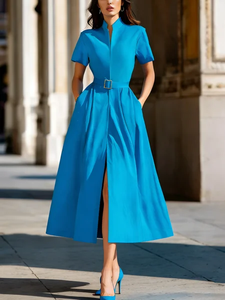 Elegant Plain Stand Collar Midi Dress With Belt, Maxi Dresses, color:Blue|size:XXL, Stylewe