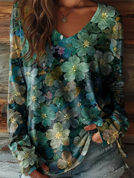 Women Floral Long Sleeve Tee T-shirt V Neck Printing Casual Graphic Tee Spring/Fall Top, JustFashionNow T-Shirts, color:Green|size:XXL - Image 2