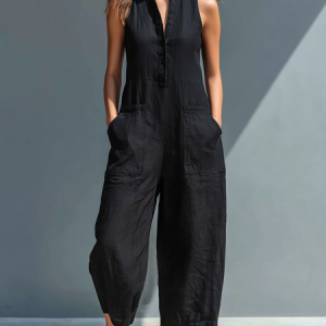 Casual Pockets Plain V Neck Tank Jumpsuit, Jumpsuits, color:Black|size:XXL, Stylewe