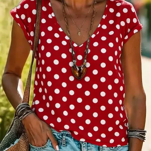 Vintage Polka Dots V Neck Short Sleeve T-shirt, T-shirts, color:Red|size:4XL, catalog Noracora shop