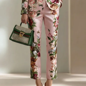 Urban Floral Split Joint Straight Pants No Belt, Pants, color:Pink|size:XXL, Stylewe