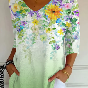 Casual Floral V Neck Three Quarter Sleeve T-shirt, T-shirts, color:Green|size:5XL, catalog Noracora shop
