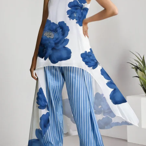 Casual Floral Printing Crew Neck Blouse, Blouses and Shirts, color:Blue|size:XXL, Stylewe