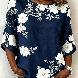 Women Floral Crew Neck Half Sleeve Shirt Vintage Daily Summer Top, JustFashionNow Blouses, color:Navyblue|size:5XL