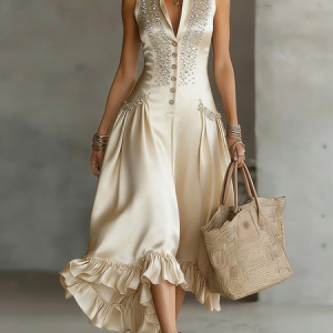 Elegant Plain Hot Drilling Shirt Collar Maxi Dress, Midi Dresses, color:As Picture|size:XXL, Stylewe