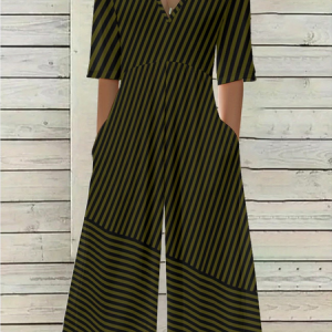 Women Striped V Neck Half Sleeve Casual Summer Jumpsuit, JustFashionNow Jumpsuits＆Rompers, color:As Picture|size:4XL