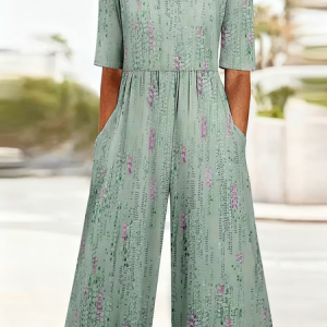 Women Abstract V Neck Half Sleeve Casual Summer Jumpsuit, JustFashionNow Jumpsuits＆Rompers, color:Green|size:4XL