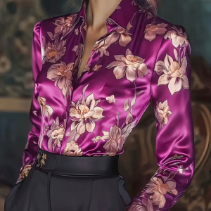 Women Floral Shawl Collar Long Sleeve Shirt Casual Daily Spring/Fall Top, JustFashionNow Shirts, color:Purple|size:XXL