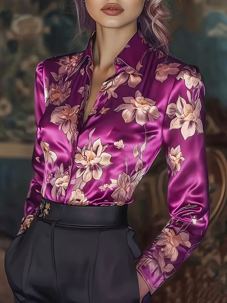Women Floral Shawl Collar Long Sleeve Shirt Casual Daily Spring/Fall Top, JustFashionNow Shirts, color:Purple|size:XXL