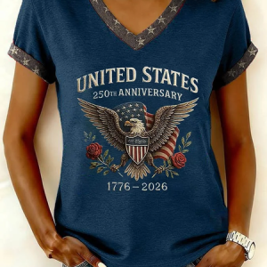 Women Text Letters Short Sleeve Tee T-shirt V Neck Printing Vintage Summer Top, JustFashionNow T-Shirts, color:Purplish Blue|size:4XL