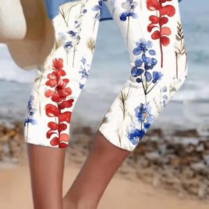 Women Floral Capris Elastic Waist Pants Casual Summer Trousers, JustFashionNow Pants, color:White|size:XXL