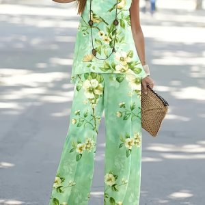 Women Floral Printing Two-Piece Set Daily Sleeveless Casual Summer Multi-Piece Set Matching Set, JustFashionNow Suit Set, color:Green|size:XXL