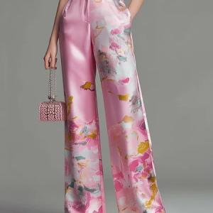 Elegant Random Print Printing Wide Leg Pants, Pants, color:Pink|size:XXL, Stylewe
