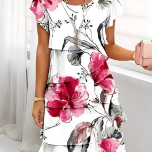 Women Floral Short Sleeve Crew Neck Dress Daily Casual Midi Fit & Flare Dress A-Line Summer Dress, JustFashionNow Dresses, color:White|size:3XL