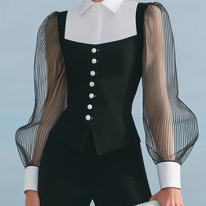 Urban Color Block Shirt Collar Balloon Sleeve Shirt, Blouses and Shirts, color:Black-white|size:XXL, Stylewe