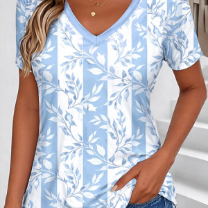 Women Floral Short Sleeve Tee T-shirt V Neck Printing Vintage Summer Top, JustFashionNow T-Shirts, color:Blue|size:4XL