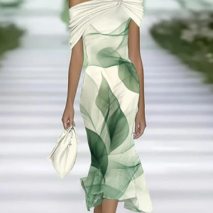 Women Leaf Cap Sleeve Cold Shoulder Printing Dress Daily Vintage Maxi H-Line Summer Dress, JustFashionNow Casual Dresses, color:Green|size:4XL