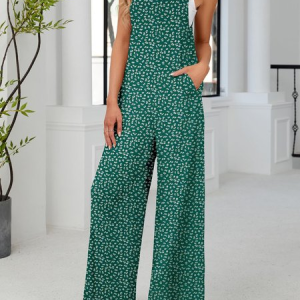 Women Floral V Neck Sleeveless Casual Summer Jumpsuit, JustFashionNow Jumpsuits＆Rompers, color:Deep Green|size:3XL