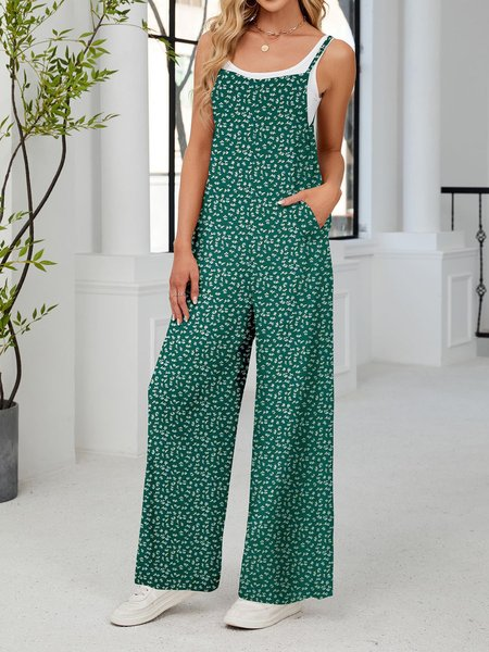 Women Floral V Neck Sleeveless Casual Summer Jumpsuit, JustFashionNow Jumpsuits&Rompers, color:Deep Green|size:3XL