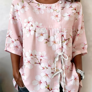 Women Floral Crew Neck Half Sleeve Shirt Vintage Daily Summer Top, JustFashionNow Shirts, color:Pink|size:5XL