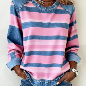 Women Abstract Stripes Crew Neck Printing Vintage Spring/Fall Long Sleeve Sweatshirt, JustFashionNow Sweatshirts & Hoodies, color:Pink|size:4XL