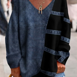 Women Faux Denim Print Graphic Long Sleeve Tee T-shirt V Neck Printing Casual Spring/Fall Top, JustFashionNow T-Shirts, color:Blue|size:4XL