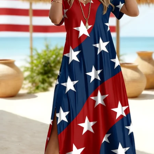 Women Star Short Sleeve Crew Neck Printing Dress Daily Casual Maxi T-Shirt Dress H-Line Summer Dress, JustFashionNow Casual Dresses, color:As Picture|size:4XL