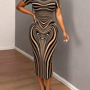 Urban Geometric Crew Neck Midi Dress, Midi Dresses, color:Brown|size:XXL, Stylewe