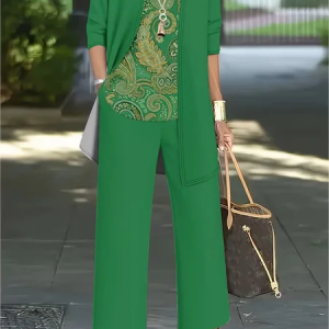 Women Paisley Printing Matching Outfit Daily Long Sleeve Casual Spring/Fall Multi-Piece Set Matching Set, JustFashionNow Suit Set, color:Green|size:XXL