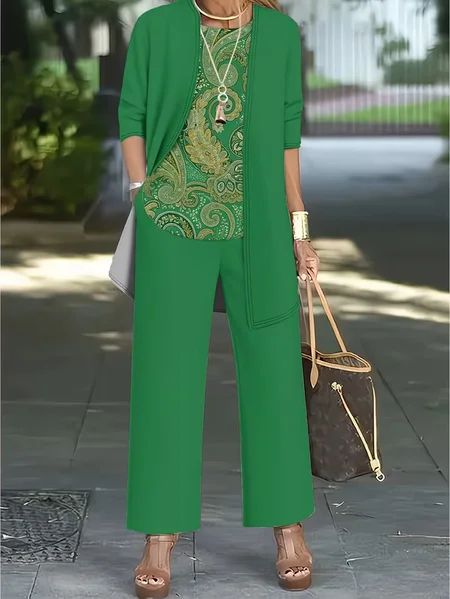 Women Paisley Printing Matching Outfit Daily Long Sleeve Casual Spring/Fall Multi-Piece Set Matching Set, JustFashionNow Suit Set, color:Green|size:XXL