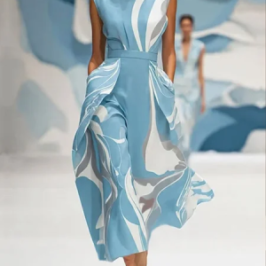 Elegant Abstract Printing Stand Collar Midi Dress, Maxi Dresses, color:Blue|size:XXL, Stylewe