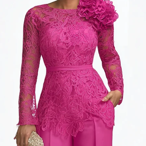 Urban Plain Lace Crew Neck Blouse With 3D Floral, Blouses and Shirts, color:Pink|size:XXL, Stylewe