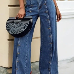 Plain Urban Button-Front Loose Jeans, Jeans, color:Denim Blue|size:XXL, Stylewe