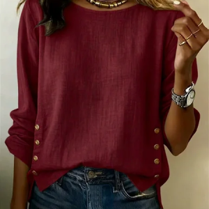 Women Plain Long Sleeve Tee T-shirt Crew Neck Vintage Spring/Fall Top, JustFashionNow T-Shirts, color:Wine Red|size:3XL