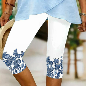 Women Floral Capris Elastic Waist Pants Casual Summer Trousers, JustFashionNow Leggings, color:White|size:XXL