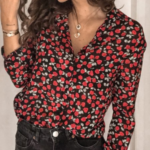 Women Polka Dots Shawl Collar Long Sleeve Shirt Split Joint Casual Daily Spring/Fall Top, JustFashionNow Blouses, color:Black|size:XXL