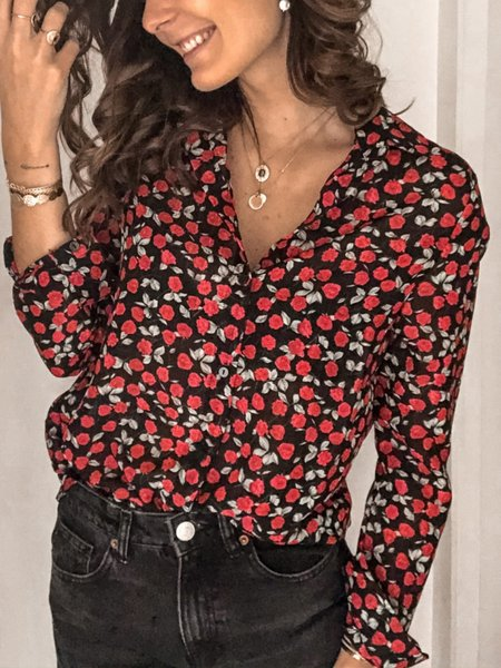 Women Polka Dots Shawl Collar Long Sleeve Shirt Split Joint Casual Daily Spring/Fall Top, JustFashionNow Blouses, color:Black|size:XXL