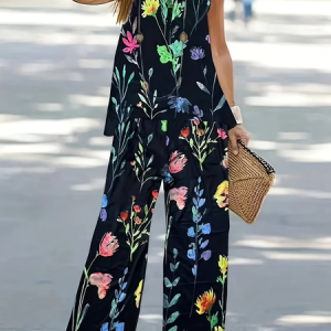 Women Floral Printing Two-Piece Set Daily Sleeveless Casual Summer Multi-Piece Set Matching Set, JustFashionNow Suit Set, color:Black|size:XXL