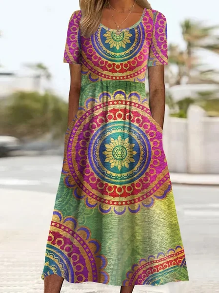 Women Ethnic Short Sleeve Crew Neck Printing Dress Daily Casual Maxi Shift Dress H-Line Summer Dress, JustFashionNow Casual Dresses, color:As Picture|size:4XL - Image 2