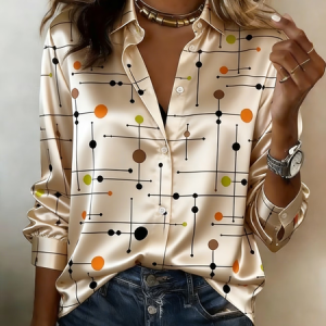 Women Abstract Shawl Collar Long Sleeve Shirt Casual Daily Spring/Fall Top, JustFashionNow Shirts, color:Apricot|size:XXL