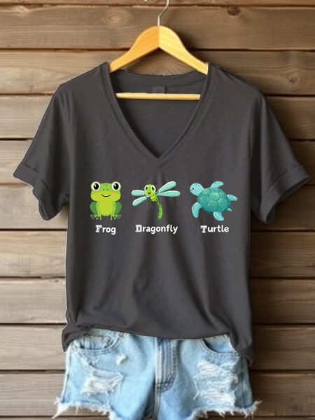 Women Animal Short Sleeve Tee T-shirt V Neck Casual Summer Top, JustFashionNow T-Shirts, color:Light Gray|size:3XL