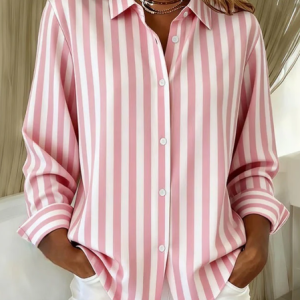 Women Striped Shirt Collar Long Sleeve Shirt Buckle Regular Sleeve Casual Daily Spring/Fall Top, JustFashionNow Shirts, color:Pink|size:XXL