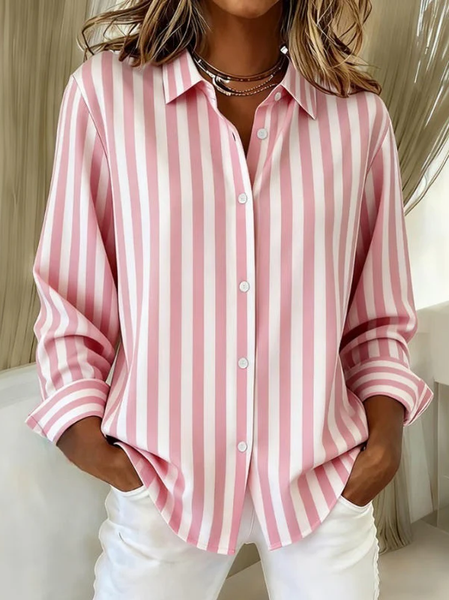 Women Striped Shirt Collar Long Sleeve Shirt Buckle Regular Sleeve Casual Daily Spring/Fall Top, JustFashionNow Shirts, color:Pink|size:XXL