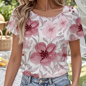 Women Floral Short Sleeve Tee T-shirt Crew Neck Printing Casual Graphic Tee Summer Top, JustFashionNow T-Shirts, color:Pink|size:XXL