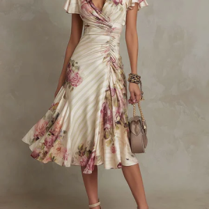Elegant Floral Printing Gathered V Neck Midi Dress, Midi Dresses, color:As Picture|size:XXL, Stylewe
