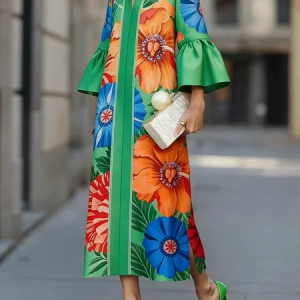 Elegant Floral Bell Sleeve Printing V Neck Midi Dress, Midi Dresses, color:Green|size:XXL, Stylewe