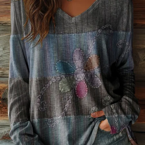 Women Floral Long Sleeve Tee T-shirt V Neck Printing Casual Graphic Tee Spring/Fall Top, JustFashionNow T-Shirts, color:As Picture|size:XXL