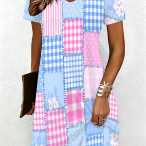 Women Abstract Short Sleeve V Neck Printing Dress Daily Casual Knee Length T-Shirt Dress H-Line Summer Dress, JustFashionNow Casual Dresses, color:Blue|size:XXL